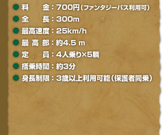 料金：700円(ファンタジーパス利用可)　全長：300ｍ　最高速度：25km/h　最高部：約4.5ｍ　定員：4人乗り×5輌　搭乗時間：約3分　身長制限：3歳以上利用可能(保護者同乗)